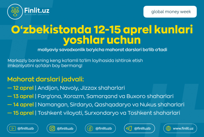 O‘zbekistonda 12-15 aprel kunlari yoshlar uchun moliyaviy savodxonlik bo‘yicha mahorat darslari bo‘lib o‘tadi